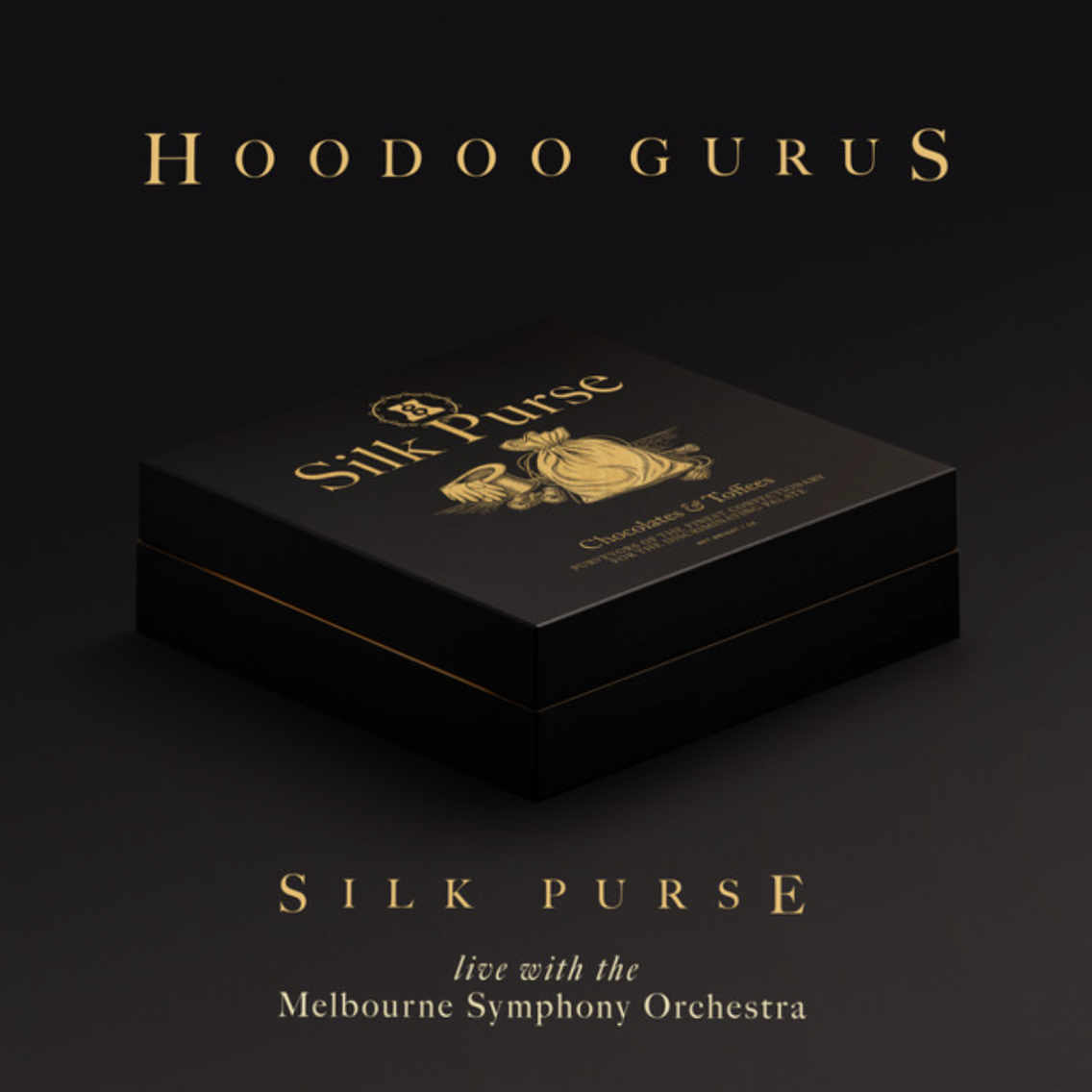 Album cover for Hoodoo Gurus Silk Purse - Live with the Melbourne Symphony Orchestra featuring a black box with gold text.